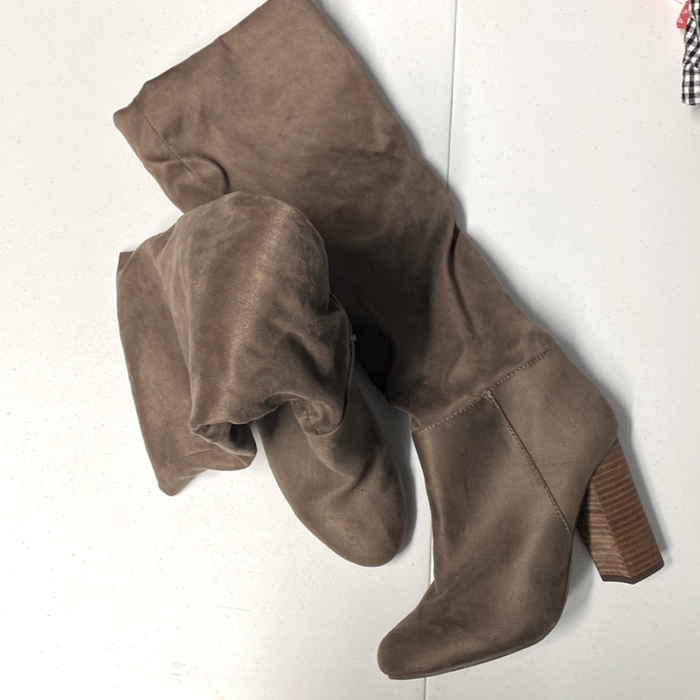 Brown taupe slouch tall heeled boots